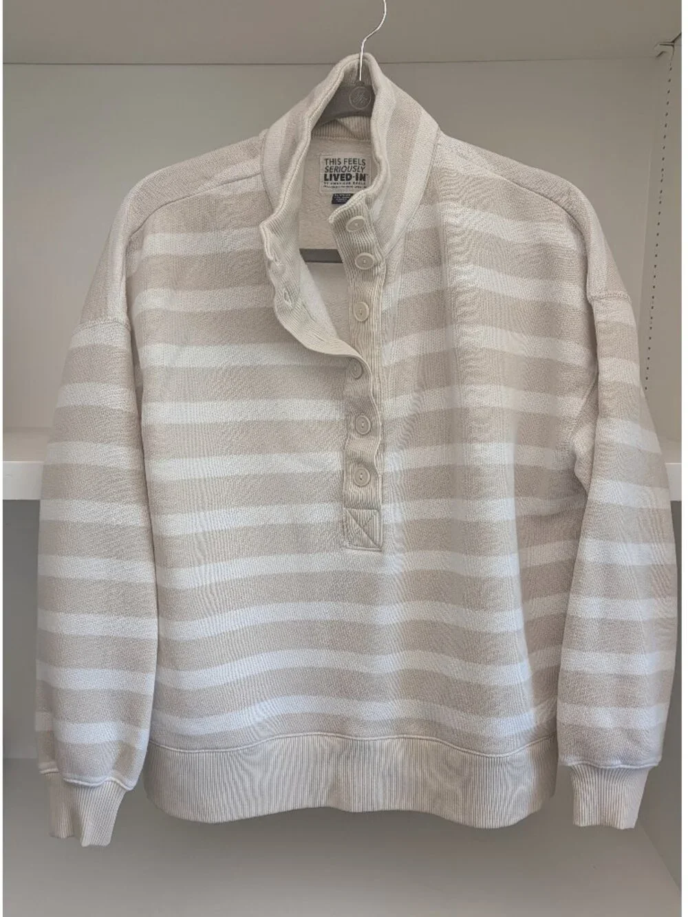 American Eagle Big Hug Henley Striped Sweatshirt Funnel Neck Collar - Picture 2 of 5